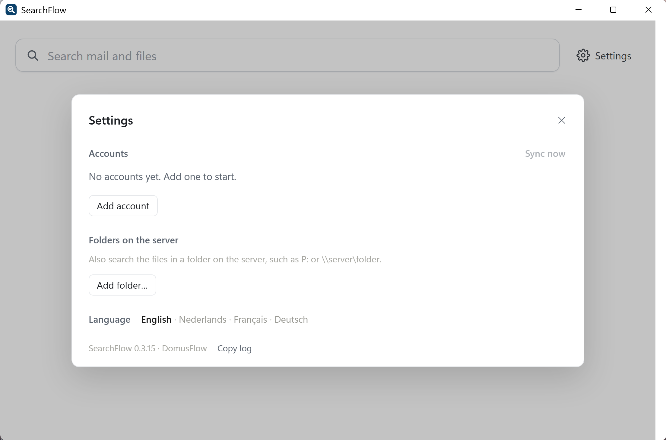 SearchFlow après le premier démarrage&nbsp;: Paramètres avec Ajouter un compte
