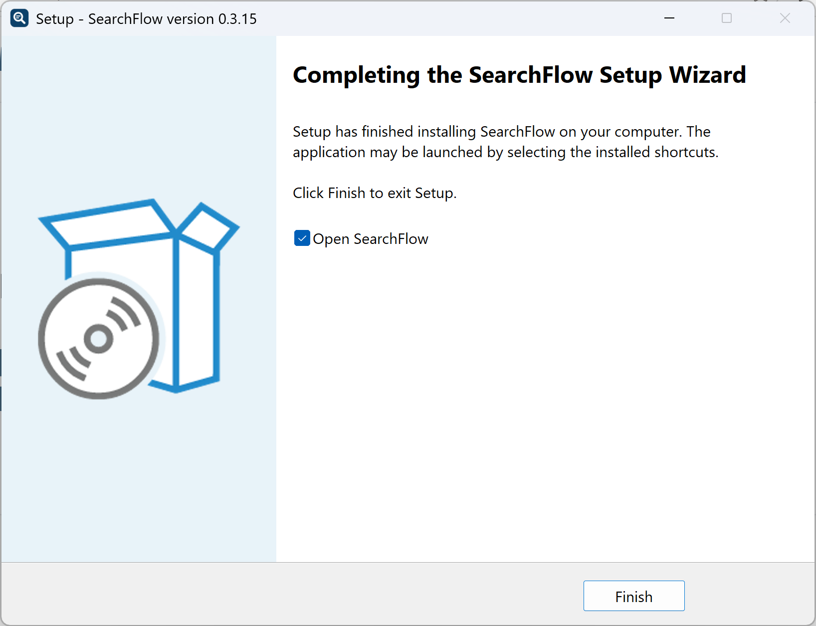 Programme d’installation terminé&nbsp;: Open SearchFlow coché, Finish